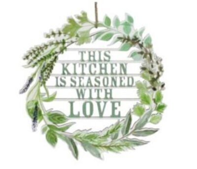 If you would like a gift for the kitchen and then this sign saying This Kitchen is Seasoned With Love Laser Cut from wood in a wreath Decoration by designer Gisela Graham wold make the perfect present. This wooden sign is a lovely present for any Mum who enjoys spending time in the kitchen. Featuring the quote in a pale green colour and surrounded by herbs in the wreath design. Made from wood. Size: (LxWxD) 20x20x0.25cm